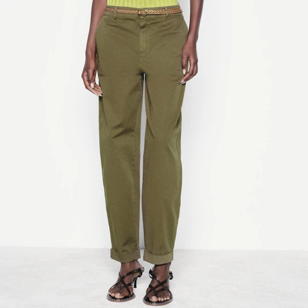 Zara Khaki Green Chino Ankle Pants With Brown Braided Belt Size 6 Small